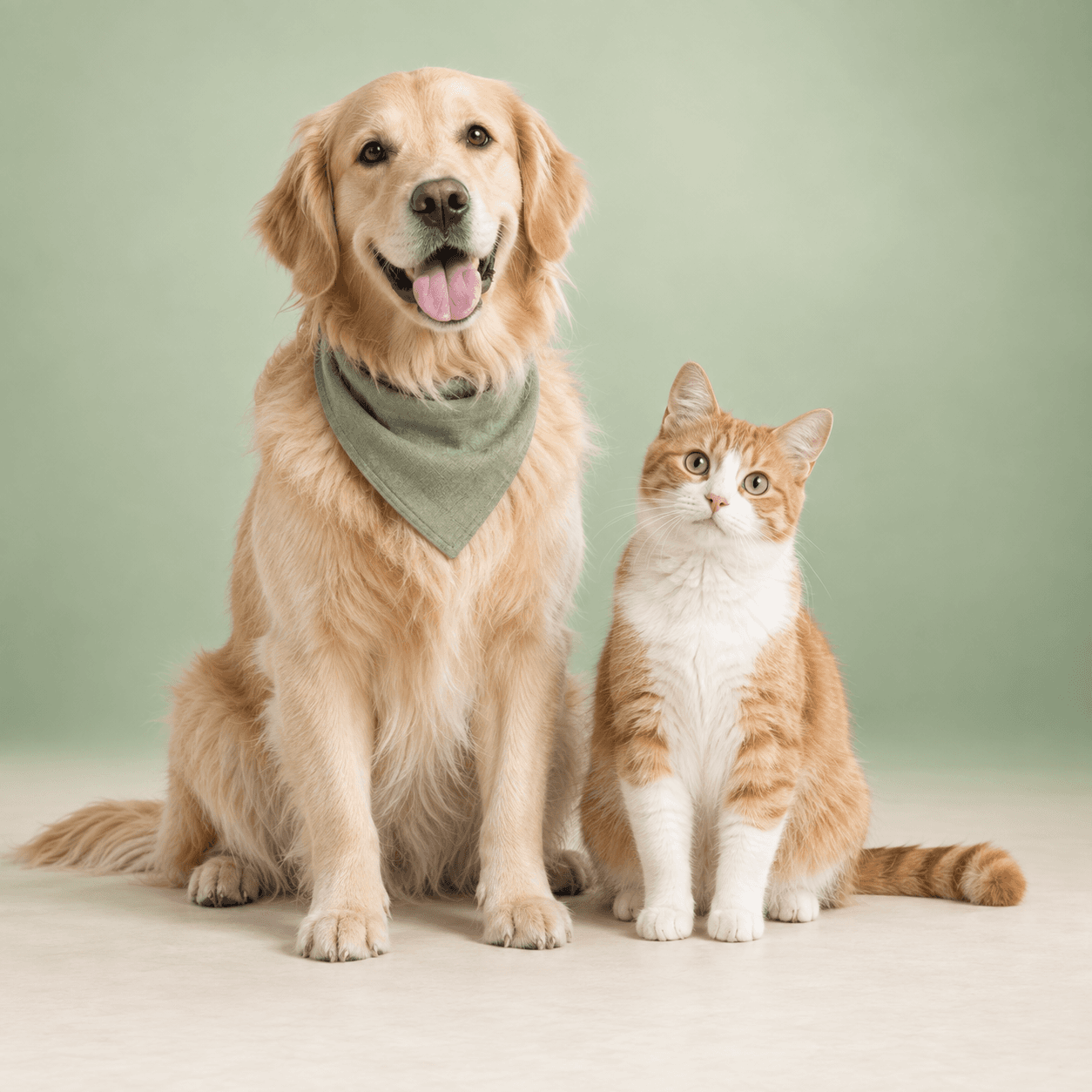 A happy golden retriever and a ginger cat sitting together